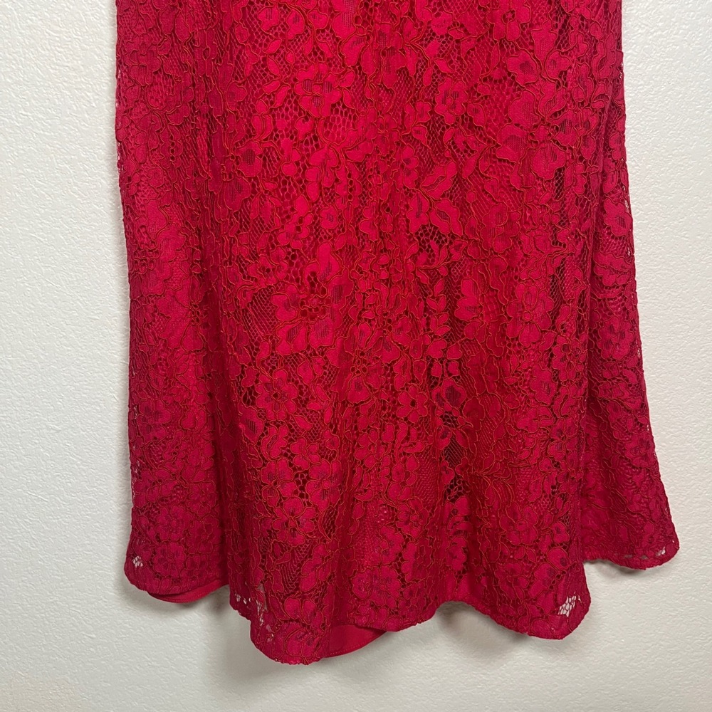 Self-Portrait Red Floral Cord Lace Bustier Midi Dress Cap Sleeve Sweetheart Sz 8 - Picture 9 of 16